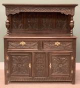 ANTIQUE CARVED OAK BUFFET SIDEBOARD, the top with leaf detail to the four panel back and canopy on