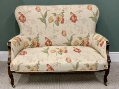 EDWARDIAN RE-UPHOLSTERED TWO SEATER COUCH, light beige with large colourful floral detail, shaped to