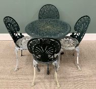 GREEN PAINTED ALUMINIUM GARDEN TABLE & FOUR CHAIRS, 66cms H, 73cms diam (the table), 86cms H,