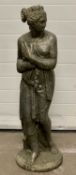 PAINTED RECONSTITUTED STONEWARE ORNAMENTAL GARDEN STATUE of a scantily clad female with cloth draped