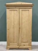 ANTIQUE STRIPPED PINE TWO-DOOR WARDROBE, having a shaped top and inverted stepped cornice over two