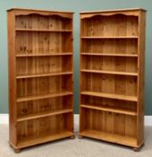 REPRODUCTION PINE OPEN BOOKSHELVES, A PAIR, having three adjustable and two fixed shelves on