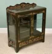 CARVED CHINESE HARDWOOD TWO DOOR DISPLAY CABINET, with rail back and interior glass shelves, on