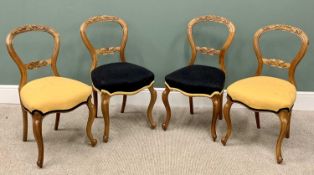 SET OF FOUR STRIPPED WALNUT SALON SIDE CHAIRS, carved to the crest and central rails, with re-