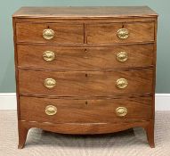 GEORGIAN MAHOGANY BOW FRONT CHEST, of two short over three long drawers, oak lined with cockbeaded