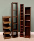 MAHOGANY EFFECT & HARDWOOD SHELVING UNITS x 4, 212cms H, 35cms W, 38cms D, the largest / tallest