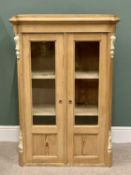 VINTAGE STRIPPED PINE TWO DOOR CUPBOARD, shaped top moulding and decorative applied corbels to the