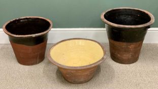 VINTAGE POTTERY EGG CROCKS & SIMILAR MILK PAN, 41cms H, 46cms D (the tallest), 34cms H, 44cms diam.,