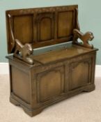 PRIORY-STYLE OAK MONK'S BENCH, with carved lion arm rests, 96cms H open, 70cms H top down, 96cms