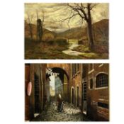 UNSIGNED oil on canvas circa 1900 - rural scene with stream and gateway, 51 x 77cms and BELLO oil on