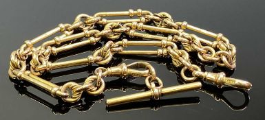 FULLY STAMPED 9CT GOLD FETTER LINK ALBERT WATCH CHAIN - with two dog clips and T bar, 43cms