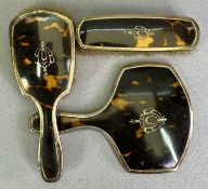 SILVER & TORTOISESHELL CHILD'S DRESSING TABLE HAND MIRROR & BRUSH SET, 3 PIECES - hallmarked