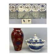 MAW & CO SALOP TILES (5) - cream and green glazed with floral scroll motifs, 15.5cms, delft type