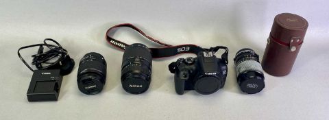 CANNON EOS 1300D CAMERA with battery charger, along with three bayonet mount lenses including a