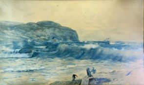 PHIL OSMENT watercolour - sea birds on the shoreline and distant ships in rough seas, signed, 74 x