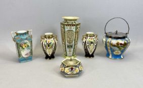 NORITAKE BISCUIT BARREL - of waisted circular form, panels decorated with landscapes, flowers and