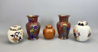 CAULDON WARE VASES, A PAIR - all over transfer decoration of blossom and leaves on a red ground,