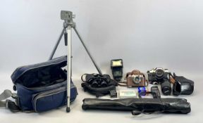 OLYMPUS OM10 SLR CAMERA with 50mm lens and accessories including a Miranda Macro lens, tripod in bag