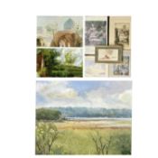 20TH CENTURY oil on canvas - Mosque with figures in foreground, monogrammed X H S S, 55 x 76cms, oil