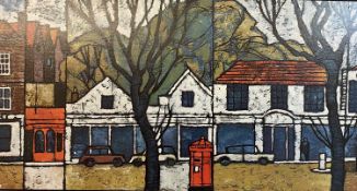 KEN LAW print on board - an abstract urban scene, 28 x 110cms
