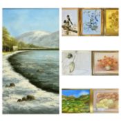 CARYL WOOD oil on canvas - lakeside hut on shoreline with mountains to background, signed 59 x