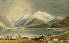 19TH CENTURY watercolour - Llyn Padarn, Dolbadarn Castle and Yr Wyddfa (Snowdon), with a reclining