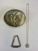 OVAL CONTINENTAL SILVER TRINKET BOX & 2 JEWELLERY ITEMS - the lidded box embossed with an image of