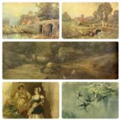 J T MIDGLEY oil on board - figures on a path walking to a mill with footbridge and mountains to