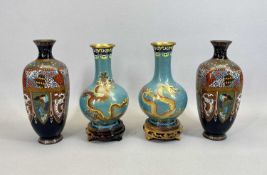 JAPANESE CLOISONNE VASES, A PAIR - late 19th century, of square section baluster form decorated with