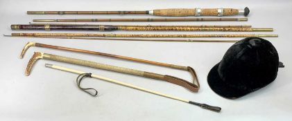 EQUESTRIAN & FISHING INTEREST - riding crops, a Moss Bros riding hat and two vintage split cane