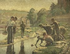 LESLIE KAY oil on canvas - titled verso 'Th' Lads o' Llangollen', image of a group of young boys