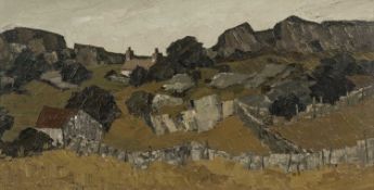 ‡ TOM GERRARD oil on board - landscape, entitled verso 'Bodafon, Anglesey', signed, 39 x 74cms