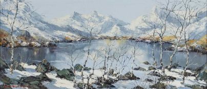 ‡ CHARLES WYATT WARREN oil on board - Yr Wyddfa (Snowdon) from Llyn Nantlle in snow, with the