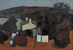 ‡ ARTHUR PRITCHARD oil on board - landscape near Amlwch, Ynys Mon (Anglesey), entitled verso '