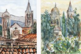 ‡ KAREL LEK MBE watercolours, a pair - entitled verso, 'Tuscan Village, a View From a Hill' & a '