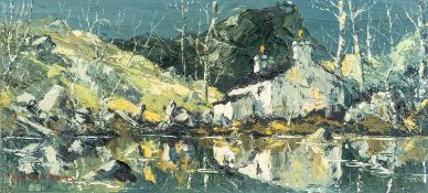 ‡ CHARLES WYATT WARREN oil on board - whitewashed cottage and silver birch trees at a lake,