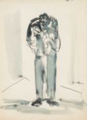 ‡ JOSEF HERMAN OBE RA pen and ink - child clinging to standing figure, 38 x 28cms Provenance: