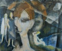 EVAN WALTERS oil on canvas - semi-abstract with bathers at a lake, signed, 51 x 61cms Provenance: