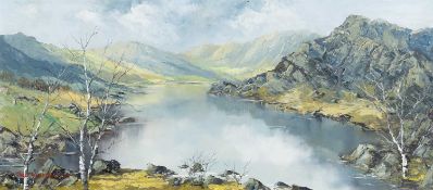 ‡ CHARLES WYATT WARREN oil on board - entitled verso 'Llyn Cwm Bychan', signed, 24 x 53cms