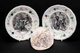 PAIR OF YNYSMEUDWY POTTERY CHILDREN'S PLATES having moulded borders, transferred with scenes of