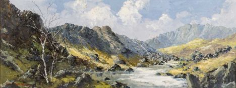 ‡ CHARLES WYATT WARREN oil on board - entitled verso, 'River Llugwy Nr Snowdon' signed, 28 x 74cms
