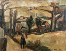 ‡ WILL ROBERTS very large oil on board - figure on road with buildings and trees, entitled verso