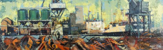 ‡ HYWEL HARRIES oil on board - Cardiff docklands with enclosed title believed 'Silos and Scrap',
