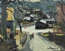 ‡ DONALD MCINTYRE oil on board, circa 1960s - handwritten title verso 'Bangor Crossroads',