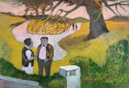 ‡ JOHN ELWYN acrylic on paper - entitled verso 'Yesterday's Gossip', signed, 27 x 38cms