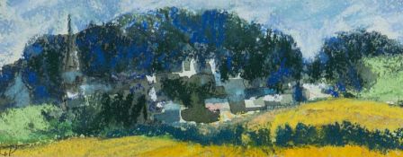 ‡ GWILYM PRICHARD mixed media - village with church, signed with initials, 6.5 x 16cms Provenance: