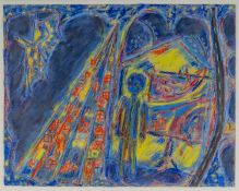 ‡ ERNEST ZOBOLE mixed media - untitled, standing self portrait above valley, 25.5 x 32cms