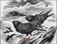 ‡ MILDRED ELDRIDGE RWS rare scraper board - pair of choughs on a clifftop, 'Choughs, Bardsey',