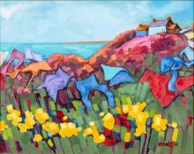 ‡ HAZEL MORRIS oil on board - coastline with cottages, flowers and washing line, signed and dated '