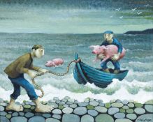 ‡ MURIEL DELAHAYE oil on canvas - 'Rescue of the Pigs', signed and dated verso 2015, 38.5 x 48.